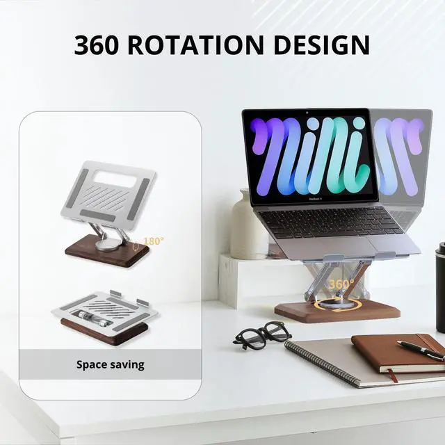 Alt view image 3 of 6 - Laptop Stand for Desk, Laptop Riser with 360 Rotating Walnut Base, Adjustable Laptop Stand, Ergonomic Wooden Laptop Ventilated Stand for 10 to 17.3 Inches Notebook PC Computer