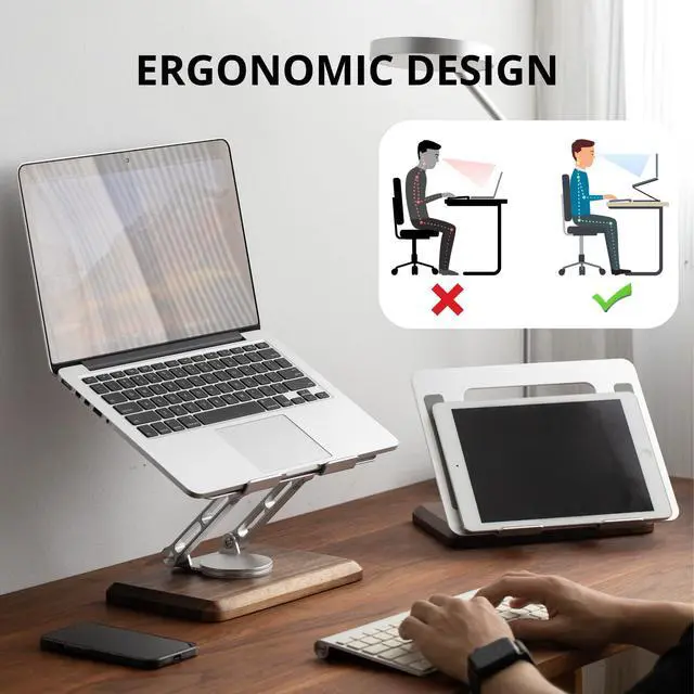 Alt view image 5 of 6 - Laptop Stand for Desk, Laptop Riser with 360 Rotating Walnut Base, Adjustable Laptop Stand, Ergonomic Wooden Laptop Ventilated Stand for 10 to 17.3 Inches Notebook PC Computer