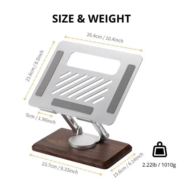 Alt view image 6 of 6 - Laptop Stand for Desk, Laptop Riser with 360 Rotating Walnut Base, Adjustable Laptop Stand, Ergonomic Wooden Laptop Ventilated Stand for 10 to 17.3 Inches Notebook PC Computer