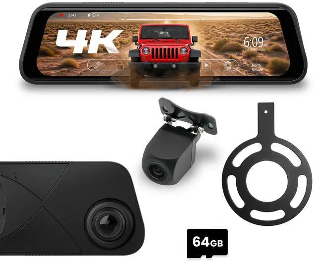 Main image of Jeep Wrangler JK (2007-18) 9.66 4K UHD Touchscreen Digital Rear View Mirror Monitor & 4K Front Dashcam, 2K Backup Cam, Anti-Glare Night Vision, Built-in DVR w/ 64GB SD Card, Impact Detection