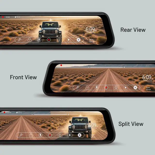 Alt view image 3 of 6 - Jeep Wrangler JK (2007-18) 9.66 4K UHD Touchscreen Digital Rear View Mirror Monitor & 4K Front Dashcam, 2K Backup Cam, Anti-Glare Night Vision, Built-in DVR w/ 64GB SD Card, Impact Detection