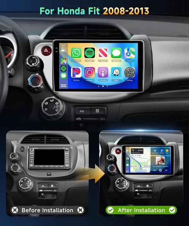 Alt view image 2 of 6 - 4G 128G Car Stereo for Honda Fit 2008 2009 2010 2011 2012 2013 Radio,10.1" Incell Touchscreen Wireless Carplay Android Auto 36EQ Bluetooth 5.0 Android 15 GPS WiFi FM/RDS Backup Camera