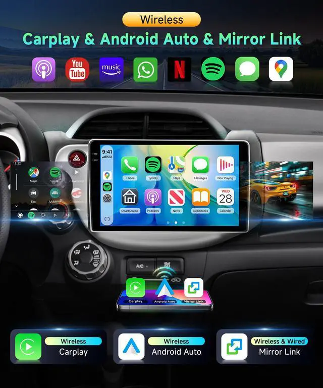 Alt view image 3 of 6 - 4G 128G Car Stereo for Honda Fit 2008 2009 2010 2011 2012 2013 Radio,10.1" Incell Touchscreen Wireless Carplay Android Auto 36EQ Bluetooth 5.0 Android 15 GPS WiFi FM/RDS Backup Camera