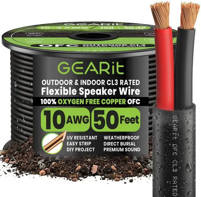 Main image of Outdoor Speaker Wire CL3 Rated, 10 Gauge Speaker Wire, Speaker Cable 50 ft for Outdoor Speakers, Patio, Garden, Backyard Audio, Direct Burial in Ground/in Wall, OFC (Black, 2-Conductors)