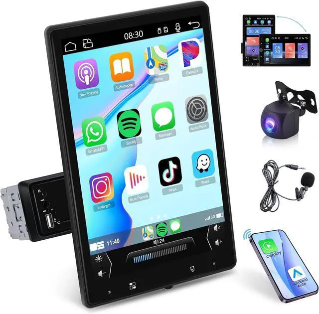 Main image of 10.4 inch Single Din Car Stereo Wireless CarPlay Android Auto Mirror Link, Rotational 2.5D Touch Screen 1280x800 Car Radio with BT FM/RDS/EQ USB/AUX/TF/SWC/MIC Car Audio Receiver Backup Camera