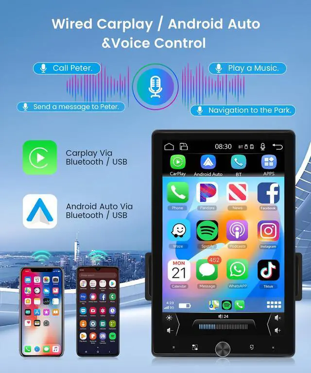 Alt view image 2 of 6 - 10.4 inch Single Din Car Stereo Wireless CarPlay Android Auto Mirror Link, Rotational 2.5D Touch Screen 1280x800 Car Radio with BT FM/RDS/EQ USB/AUX/TF/SWC/MIC Car Audio Receiver Backup Camera