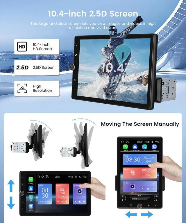 Alt view image 3 of 6 - 10.4 inch Single Din Car Stereo Wireless CarPlay Android Auto Mirror Link, Rotational 2.5D Touch Screen 1280x800 Car Radio with BT FM/RDS/EQ USB/AUX/TF/SWC/MIC Car Audio Receiver Backup Camera