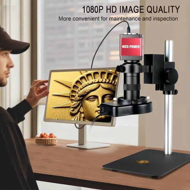 Alt view image 2 of 6 - Digital Microscope with Metal Base, 13MP 1080P HDMI VGA Industrial Microscope Magnifier, 130X Zoom C-Mount HD Lens, LED Ring Light, Soldering Electronic Repair Bench Microscopes
