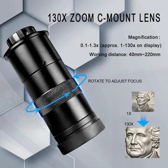 Alt view image 4 of 6 - Digital Microscope with Metal Base, 13MP 1080P HDMI VGA Industrial Microscope Magnifier, 130X Zoom C-Mount HD Lens, LED Ring Light, Soldering Electronic Repair Bench Microscopes