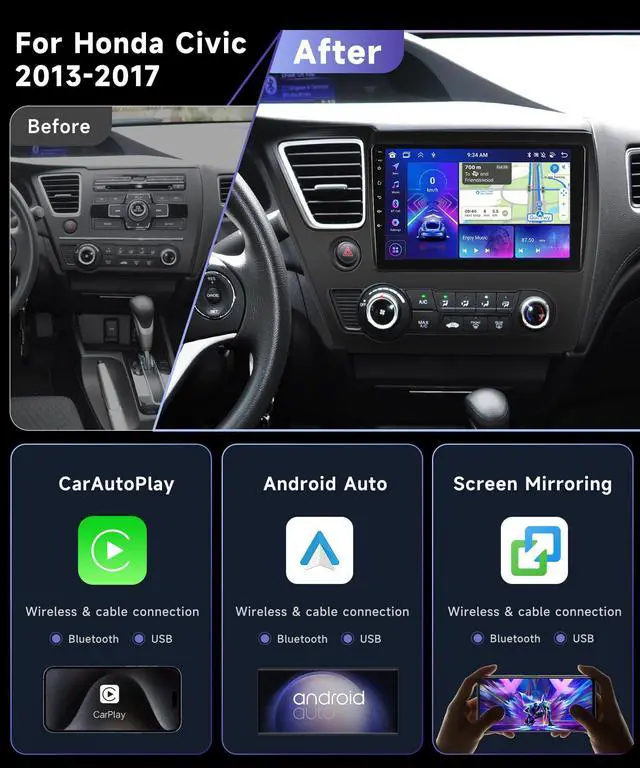 Alt view image 3 of 6 - DSP 46EQ 8Core 4G 64G Car Stereo Radio for Honda Civic 2013-2017 with 9inch 1280X720P QLED Touchscreen/Wireless CarPlay/Android Auto/BT 5.0/GPS/WiFi/MirrorLink/AHD Backup Camera