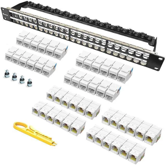 Main image of 48 Port Patch Panel Cat6 Keystone Jack 90° Angled Ethernet Punch Down for Rackmount 1U 19inch Network Patch Panel with Cable Support Bar