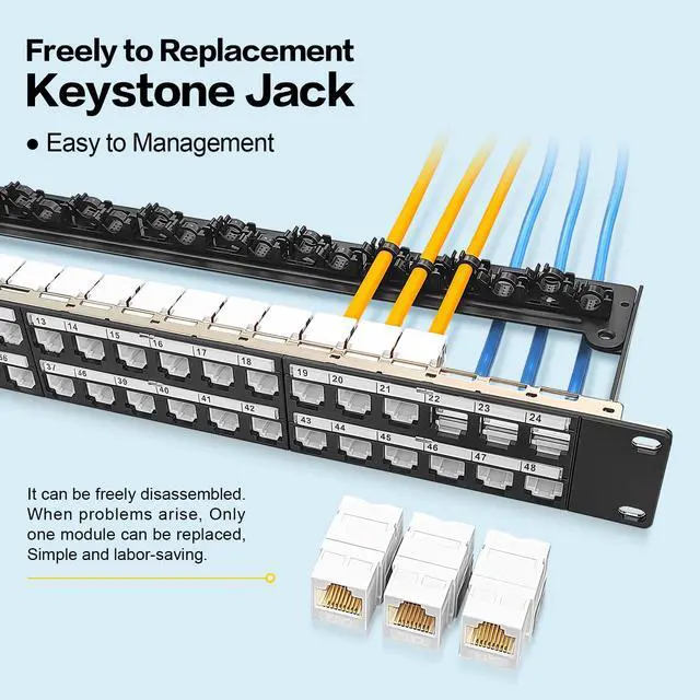 Alt view image 4 of 6 - 48 Port Patch Panel Cat6 Keystone Jack 90° Angled Ethernet Punch Down for Rackmount 1U 19inch Network Patch Panel with Cable Support Bar