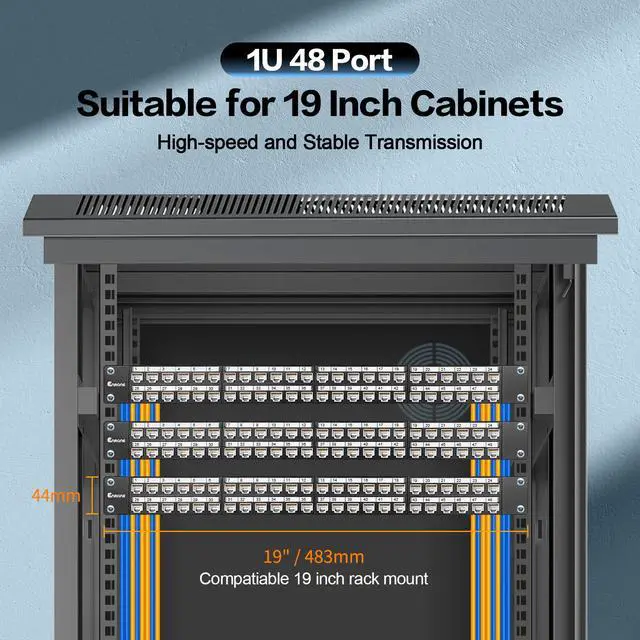 Alt view image 6 of 6 - 48 Port Patch Panel Cat6 Keystone Jack 90° Angled Ethernet Punch Down for Rackmount 1U 19inch Network Patch Panel with Cable Support Bar