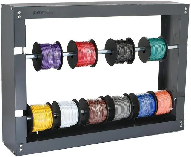 Main image of Wire Spool Rack, 2-Rod | Heavy-Duty Wire & Cable Dispenser | Conduit Display & Storage for Electrical, Industrial & Retail Use | Grey
