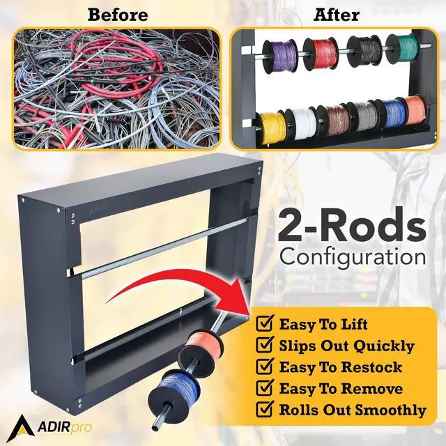 Alt view image 3 of 6 - Wire Spool Rack, 2-Rod | Heavy-Duty Wire & Cable Dispenser | Conduit Display & Storage for Electrical, Industrial & Retail Use | Grey