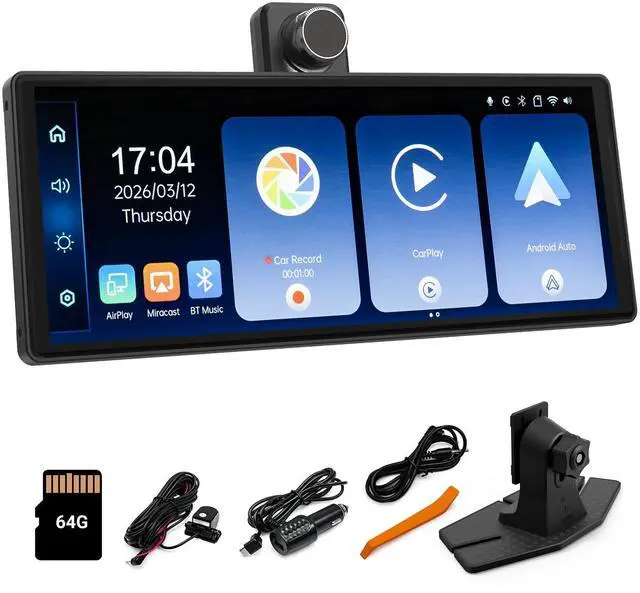 Main image of Wireless CarPlay and Android Auto 10.26-inch Touchscreen, 4K Dash Camera and 1080p Backup Camera, Universal Portable car Display, Equipped with 64G Memory Card