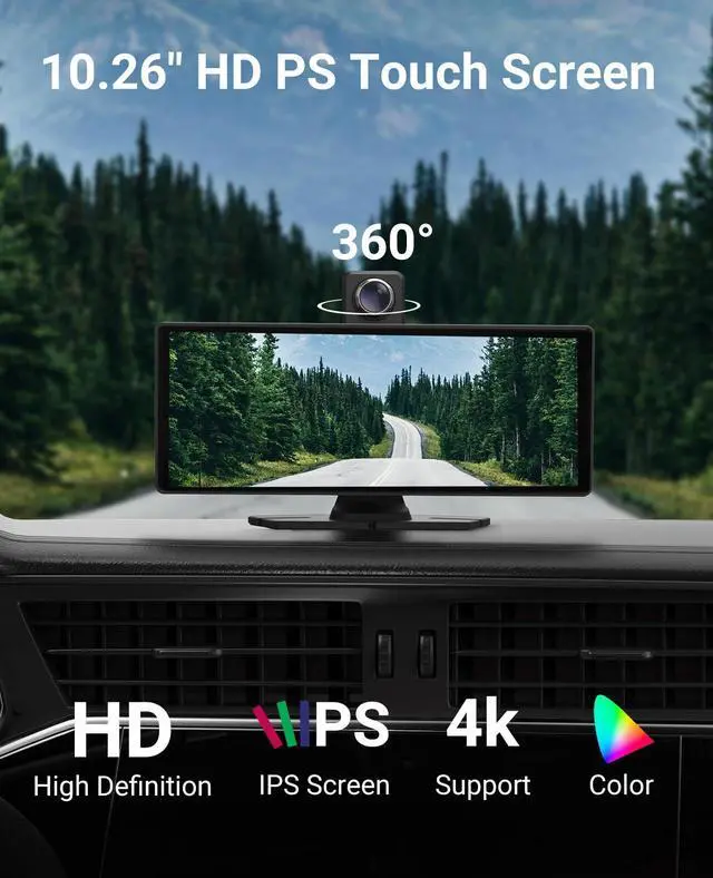 Alt view image 2 of 6 - Wireless CarPlay and Android Auto 10.26-inch Touchscreen, 4K Dash Camera and 1080p Backup Camera, Universal Portable car Display, Equipped with 64G Memory Card