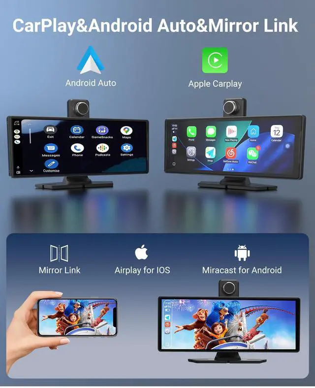 Alt view image 4 of 6 - Wireless CarPlay and Android Auto 10.26-inch Touchscreen, 4K Dash Camera and 1080p Backup Camera, Universal Portable car Display, Equipped with 64G Memory Card