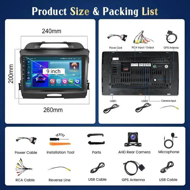 Alt view image 6 of 6 - 2+64G for 2010-2016 Kia Sportage Android 15 Car Stereo Wireless Apple CarPlay Android Auto,9 inch Touch Screen Radio WiFi Bluetooth GPS FM RDS+Free AHD Backup Cam