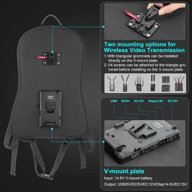 Alt view image 2 of 6 - BB-01 V-Mount Camera Harness Vest, with Power Distribution Plate, Wireless Video Transmission Mount, USB/DC8V/DC12V/Dtap14.8V/DC15V Output