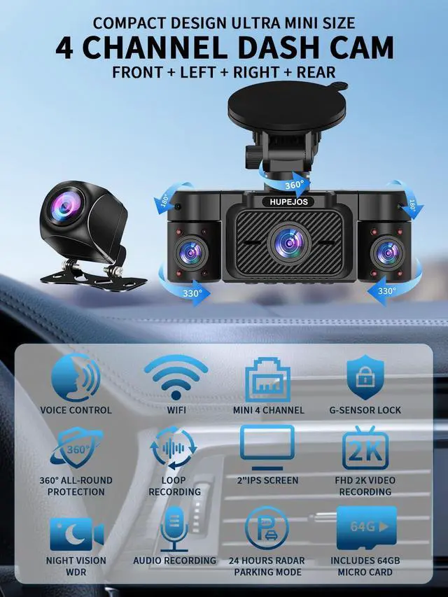Alt view image 3 of 6 - Dash Cam Front and Rear, 360 Dgree View 4 Channel Dash Camera for Cars 2K FHD, Mini Dashcam Built-in WiFi, Car Camera Free 64GB Card, Voice Control, Night Vision,WDR,24/7 Parking Mode, V30-4CH