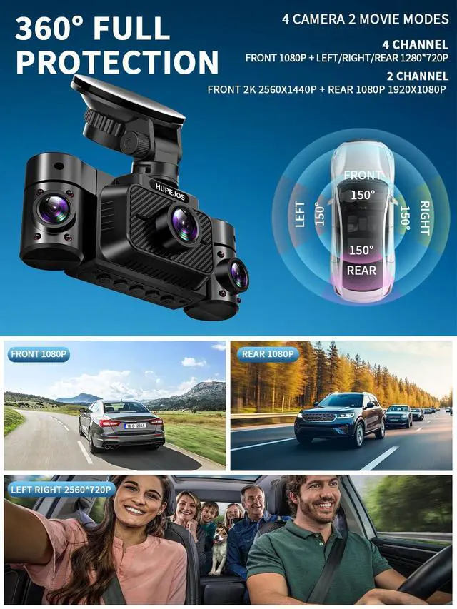 Alt view image 4 of 6 - Dash Cam Front and Rear, 360 Dgree View 4 Channel Dash Camera for Cars 2K FHD, Mini Dashcam Built-in WiFi, Car Camera Free 64GB Card, Voice Control, Night Vision,WDR,24/7 Parking Mode, V30-4CH