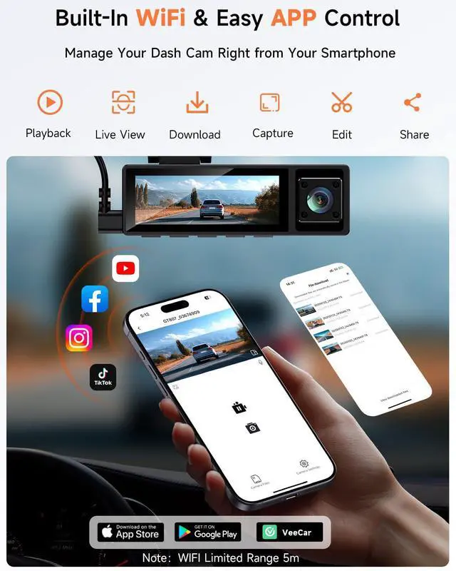 Alt view image 5 of 6 - 4K 3 Channel Dash Cam Front and Rear,4K+2.5K+1080P Dash Camera for Cars Inside,3.2" Screen Dash Camera for Cars, WiFi APP Control,4 IR Night Vision, G-Sensor, 24H Parking Mode, 64GB SD Card Included
