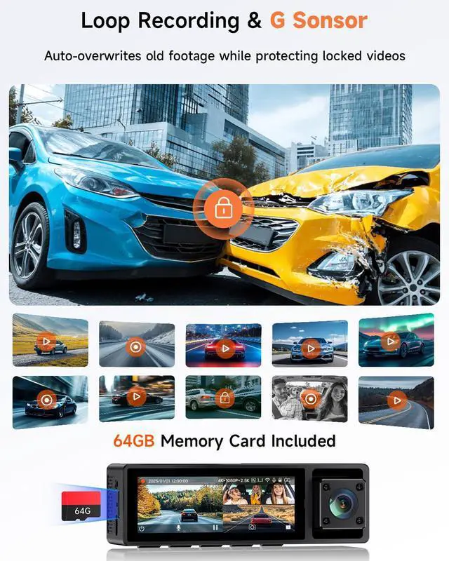 Alt view image 6 of 6 - 4K 3 Channel Dash Cam Front and Rear,4K+2.5K+1080P Dash Camera for Cars Inside,3.2" Screen Dash Camera for Cars, WiFi APP Control,4 IR Night Vision, G-Sensor, 24H Parking Mode, 64GB SD Card Included