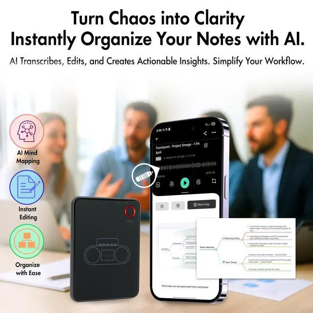 Alt view image 2 of 6 - AI Voice Recorder with App Control - 13h Recording Device, 64GB AI Note Taking Device - GPT 5 Translation, Summaries & Mind Maps (125 Languages), 400 Min/Month, Audio Recorder with Transcription