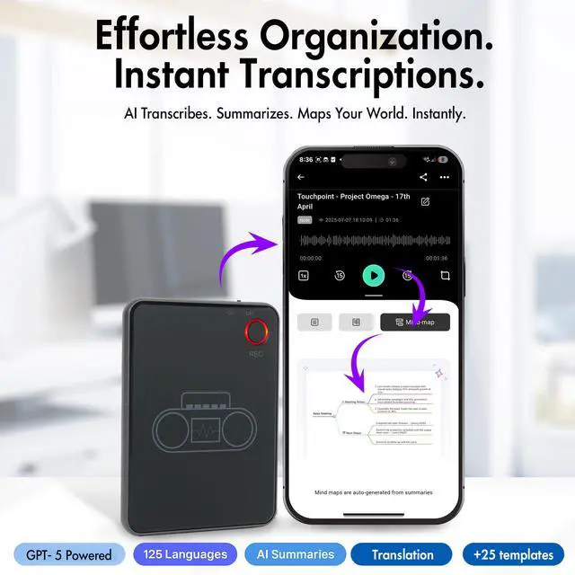 Alt view image 4 of 6 - AI Voice Recorder with App Control - 13h Recording Device, 64GB AI Note Taking Device - GPT 5 Translation, Summaries & Mind Maps (125 Languages), 400 Min/Month, Audio Recorder with Transcription