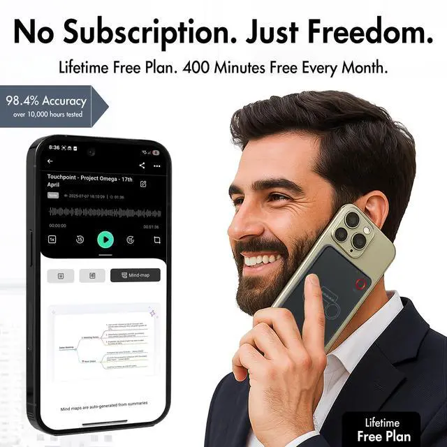 Alt view image 6 of 6 - AI Voice Recorder with App Control - 13h Recording Device, 64GB AI Note Taking Device - GPT 5 Translation, Summaries & Mind Maps (125 Languages), 400 Min/Month, Audio Recorder with Transcription