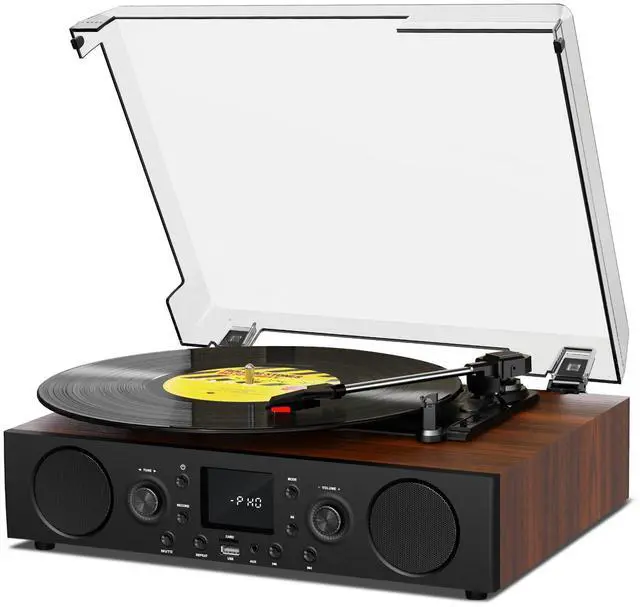 Main image of Vinyl Record Player with Built-in Speaker,Bluetooth Turntable with USB Recording, 3 Speed Vintage Record Player with Bluetooth Receiving, FM Radio, RCA Out & AXU-in, Vinyl Player Brown