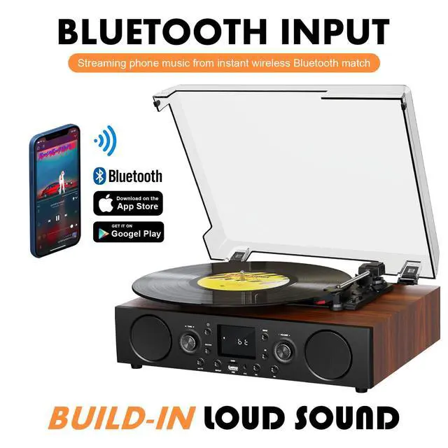 Alt view image 2 of 6 - Vinyl Record Player with Built-in Speaker,Bluetooth Turntable with USB Recording, 3 Speed Vintage Record Player with Bluetooth Receiving, FM Radio, RCA Out & AXU-in, Vinyl Player Brown