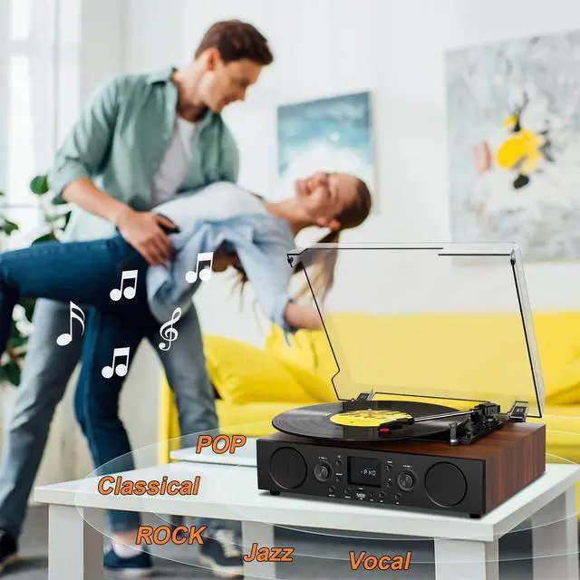 Alt view image 3 of 6 - Vinyl Record Player with Built-in Speaker,Bluetooth Turntable with USB Recording, 3 Speed Vintage Record Player with Bluetooth Receiving, FM Radio, RCA Out & AXU-in, Vinyl Player Brown