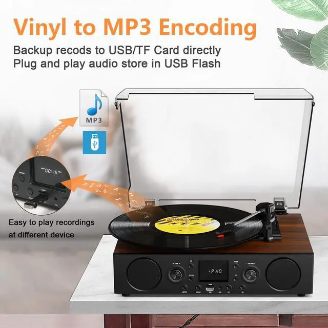 Alt view image 4 of 6 - Vinyl Record Player with Built-in Speaker,Bluetooth Turntable with USB Recording, 3 Speed Vintage Record Player with Bluetooth Receiving, FM Radio, RCA Out & AXU-in, Vinyl Player Brown