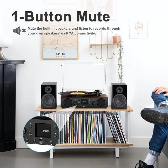 Alt view image 5 of 6 - Vinyl Record Player with Built-in Speaker,Bluetooth Turntable with USB Recording, 3 Speed Vintage Record Player with Bluetooth Receiving, FM Radio, RCA Out & AXU-in, Vinyl Player Brown