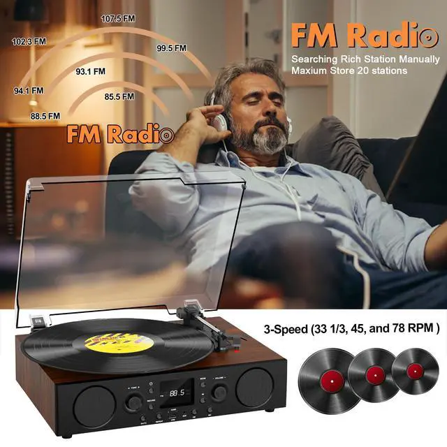 Alt view image 6 of 6 - Vinyl Record Player with Built-in Speaker,Bluetooth Turntable with USB Recording, 3 Speed Vintage Record Player with Bluetooth Receiving, FM Radio, RCA Out & AXU-in, Vinyl Player Brown