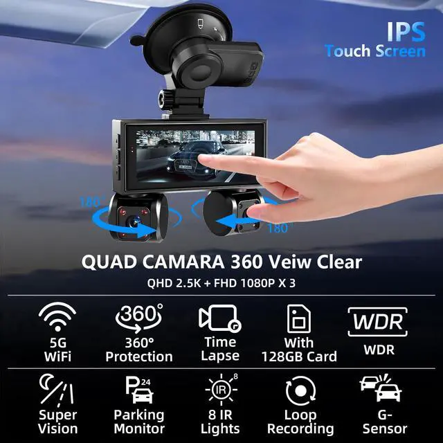 Alt view image 2 of 4 - 4 Channel Dash Cam Front and Rear Inside Left Right Car Dash Camera 360 View, 2.5K QHD Car Camera Supper Night Vision, 5G WiFi 3.16 IPS Touch Screen, G-Sensor,24H Parking Mode Free128G Card 256G Max