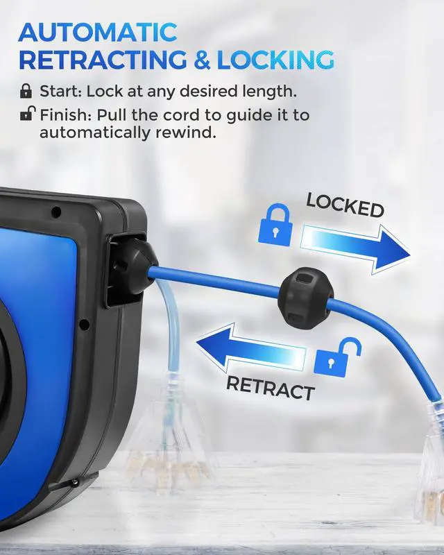 Alt view image 4 of 4 - Retractable Cord Reel, 60 FT Heavy Duty Extension Cord, 12AWG/3C SJTOW, 3 Grounded Outlets Lighted Triple Tap, 15A Circuit Breaker, Wall/Ceiling Mounted, UL Listed, Blue U60CR06