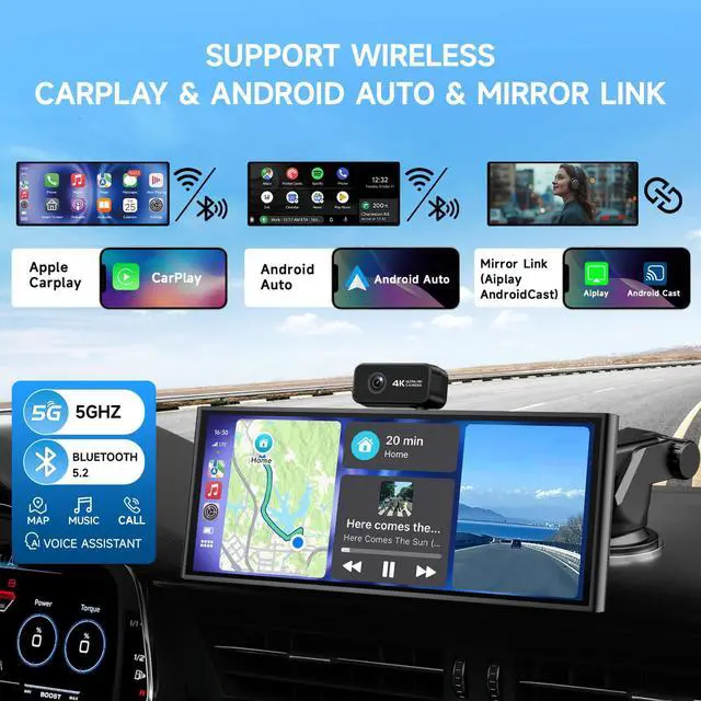 Alt view image 2 of 4 - CarPlay Screen for Car Tablet Android Auto Smart Screen for Car, 4K Dash Cam Portable Car Play with 3 Channel Camera,10.26 Wireless Display with FM Radio Stereo Bluetooth 5.2, 32GB TF Card Black