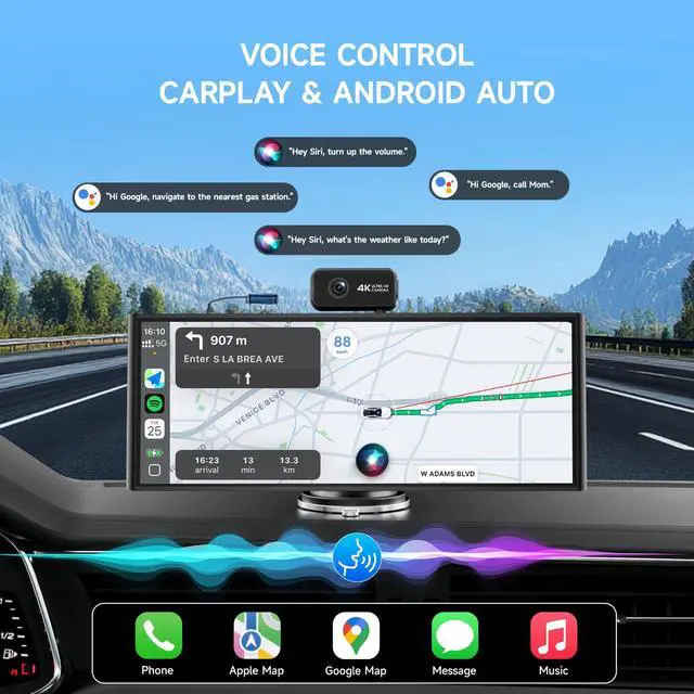 Alt view image 3 of 4 - CarPlay Screen for Car Tablet Android Auto Smart Screen for Car, 4K Dash Cam Portable Car Play with 3 Channel Camera,10.26 Wireless Display with FM Radio Stereo Bluetooth 5.2, 32GB TF Card Black