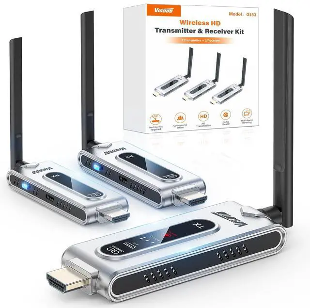 Main image of Wireless HDMI Transmitter and 2 Receivers with LCD Display,4K Decode 2K@60Hz Output,492FT/150M Range,Plug & Play,5.8G+2.4GHz Extender for Video and Audio to Monitor from PC/Projector/TV Box