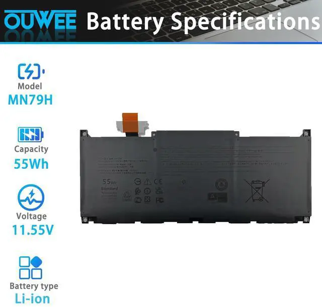 Alt view image 2 of 4 - MN79H Laptop Battery Compatible with Dell XPS 9320 XPS 13 Plus 9320 XPS 13 9340 9345 Series XPS9320-7523BLK-PUS XPS9320-7585SLV-PUS J7H5M 0J7H5M NXRKW 0NXRKW 55Wh 4524mAh 11.55V