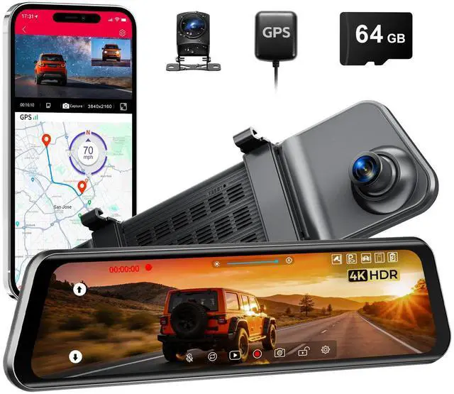 Main image of 12" Mirror Dash Cam, 4K UHD Front and 2.5K Rear View Dash Camera for Car, with ADAS BSD LCA Smart Mode, GPS, G-Sensor, Loop Recording, Parking Monitor, Voice Control, 5.8GHz WiFi