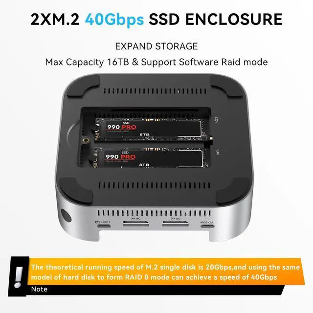 Alt view image 4 of 4 - 40Gbps Mac mini M4 Dock & Stand with Dual-Bay NVMe SSD Enclosure, Aluminum DP Hub for Mac mini M4 and M4 Pro 2024, 4K60Hz DP, 3X10G USB A, PD 30W, SD/TF 4.0, Support Dual SSD B+M M-Key