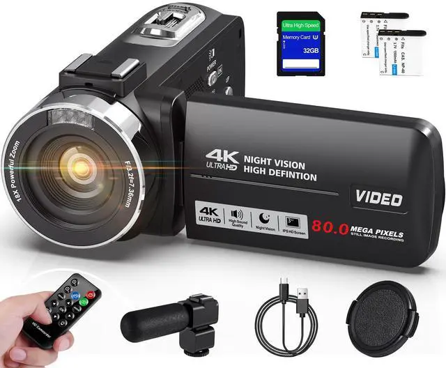 Main image of 4K Video Camera Camcorder HD 80MP IR Night Vision Camera 18X Digital Zoom 3.0 IPS Screen Video Recorder Vlogging Camera for YouTube with 32GB SD Card, 2 Batteries, Remote Control and Microphone