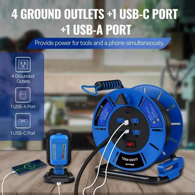 Alt view image 4 of 4 - 80 FT Retractable Extension Cord Reel, 14AWG Heavy Duty Power Cord with 4 Grounded Outlets, USB-A & USB-C Ports, 13A 1625W, Portable Hand Crank for Indoor Outdoor Use, ETL Listed U80ACR06
