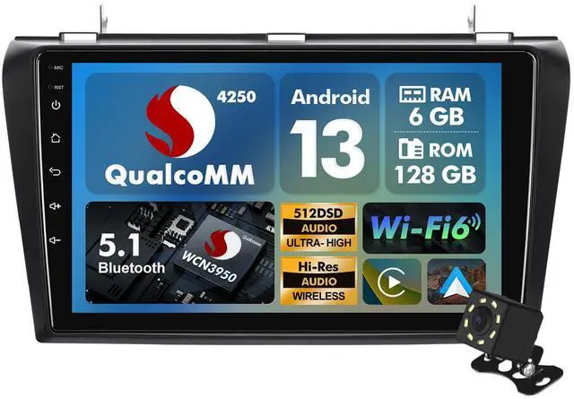 Main image of 8 Core 6+128 GB Music Host with Qualcomm Android 13 Double Din Octa Core Car Stereo for Mazda 3 2004-2009 with 9 Inch Touchscreen Radio Built-in ST7850 AMP FM/AM/RDS Wireless CarPlay/Android Auto