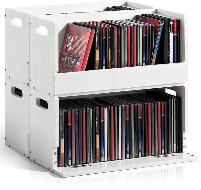 Main image of 4 Pack Wooden DVD Storage Organizer Boxes, Holds 104 DVDs (26 Each), Solid Wood Media Storage with Carry Handles for DVDs, CDs, Blu-ray Discs, Movie Cases and Cassette Tapes, White