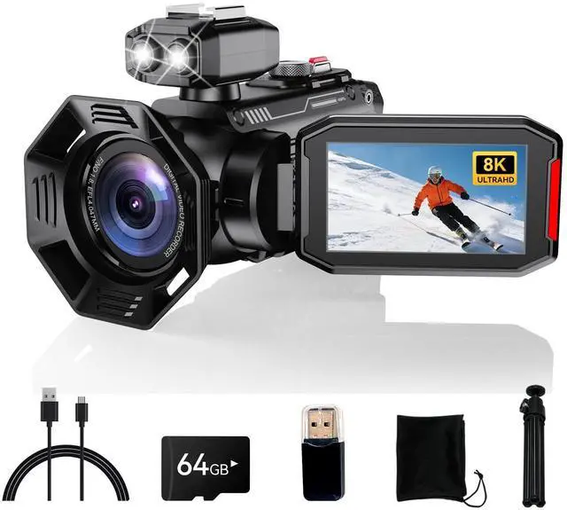 Main image of 8K Video Camera Camcorder, 92MP with 3 270° Flip Screen, 18X Digital Zoom, WiFi and Webcam for YouTube, 64GB SD Card, Built-in Rechargeable 2500mAh Battery (8K Black)